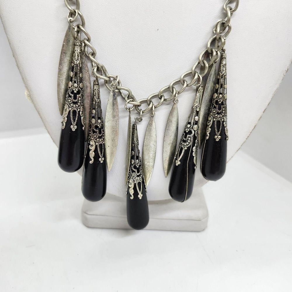 Rustic Silver Tone‎ Black Dangle Necklace